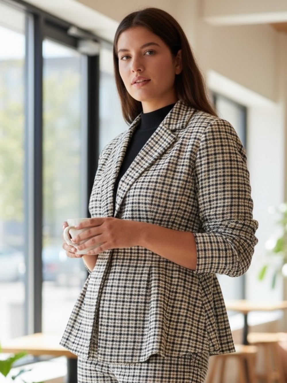Who What Wear Houndstooth Plaid Cinched and Pleated Workwear Blazer Size XS